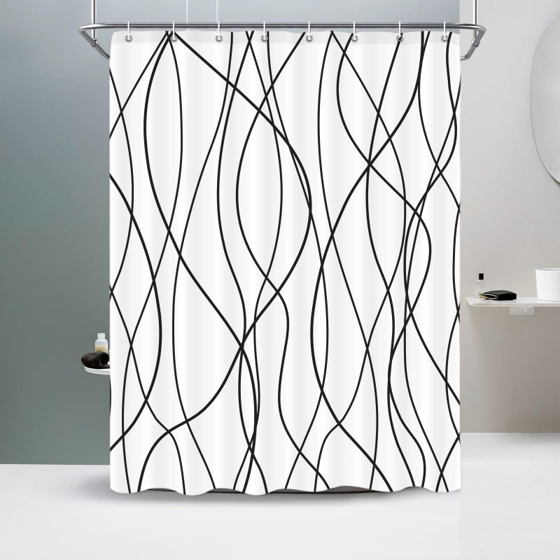 Punkray Black and White Striped Fabric Shower Curtain for Bathroom with 12 Hooks, Shower Curtains for Bathroom Decoration 60x72 Inch with Hooks Weighted Hem,Waterproof Bath Accessories Hotel Style - Image 1